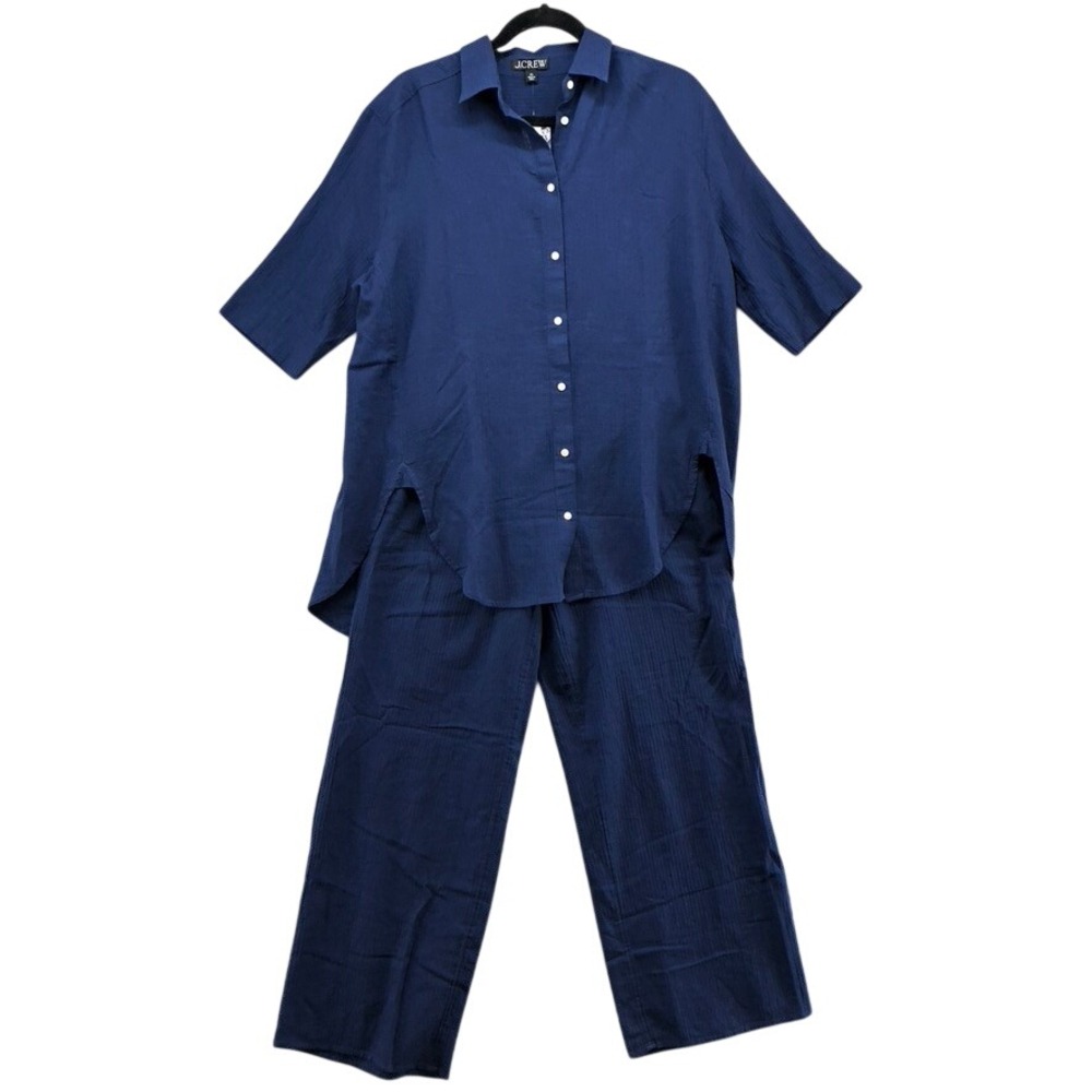 J.Crew Airy Gauze Set Womens XS Navy Blue Cotton Button‎ Down Wide Leg Comfort
